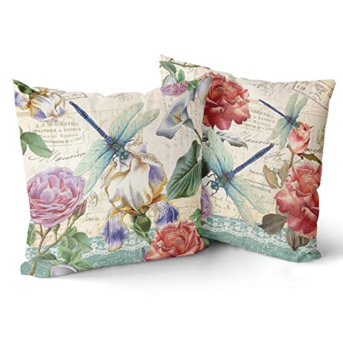 Giwawa Vintage Floral Throw Pillow Covers Set of 2 Dragonfly Butterfly Decorative Cushion Case for Home Sofa Couch Chair Bedroom, 16 X 16 Inch - color: Dragonfly Flower, size: 16" x 16" (Pack of 1)