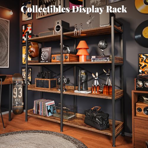 Huuger 4 Tier Bookshelf with 8 Open Shelves and Raised Baffle, Rustic Brown - color: Rustic Brown, size: 4 Tier