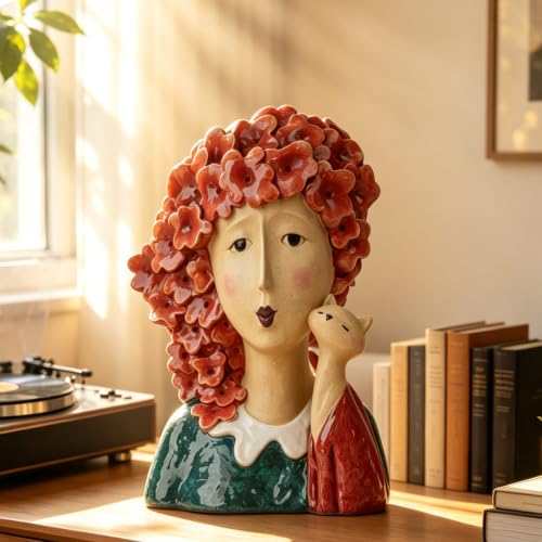 DiliComing Women-Head Statues for Home Decor 13 Inch Garden Statue - color: Women & Cat Red
