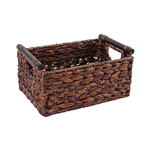 Water Hyacinth Wicker Storage Basket with Wood Handles, Medium - color: Dark Brown, size: 11.81x 8.66x 5.9