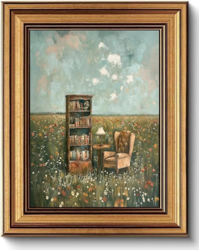 Gold Framed Vintage Book Nook Canvas Wall Art for Library Reading Room,Whimsical Bookshelf Print Pictures, Book Lover Wall Decor 12"x16" - color: Open-Air Library, size: 16"L x 12"W