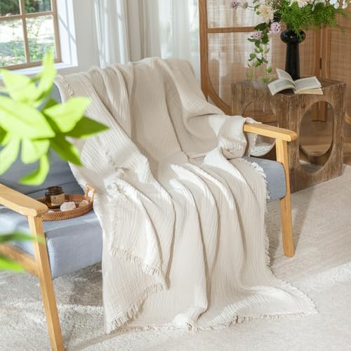 MooMee 100% Cotton Muslin Blanket, Fringed 4-Layer Gauze Bed Couch Throw - color: Beige, size: Throw