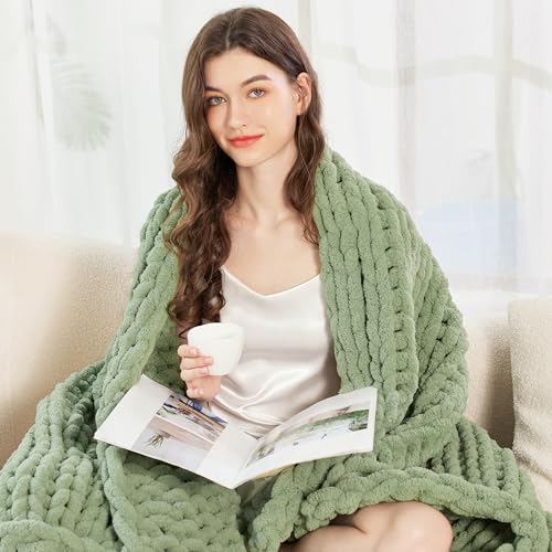 Chunky Knit Blanket Throw for Couch, 60"x80" Chunky Yarn Knitted Blankets - color: Sage Green, size: 60"x80"