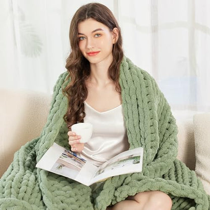 Chunky Knit Blanket Throw for Couch, 60"x80" Chunky Yarn Knitted Blankets - color: Sage Green, size: 60"x80"
