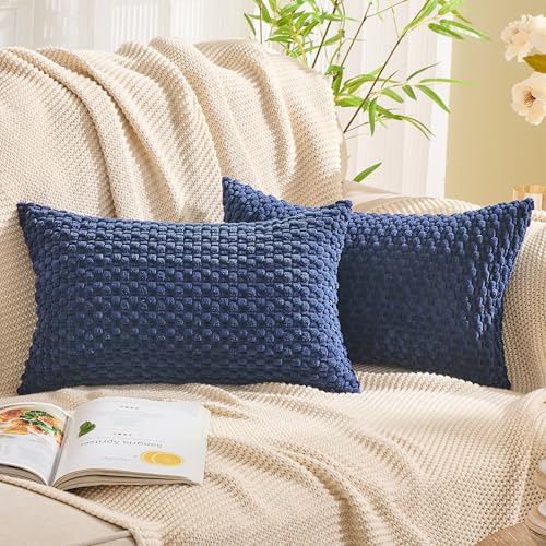 GAWAMAY Decorative Corduroy Throw Pillow Covers 12x20 Navy Blue 2 Pack - color: Navy Blue, size: 20" x 12" (Pack of 2)