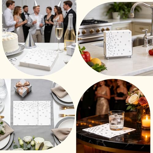 80 Pack of White Paper Cocktail Napkins with Gold Foil Polka Dot Confetti，Polka Dot Party Supplies(5 x 5 in，3-ply) (Silver) - style: Silver Dot