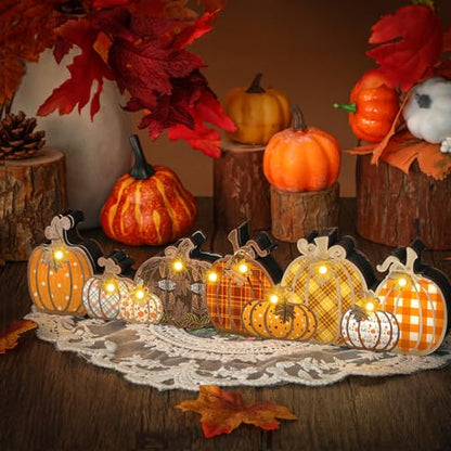 Yousoontic Fall Pumpkin Decor Table Centerpieces Halloween Wooden Pumpkin Sign Decorations with LED Lights 3D Block Autumn Harvest Farmhouse Fall Thanksgiving Decor for Home Mantel Desk Office Party - style: Pumpkin