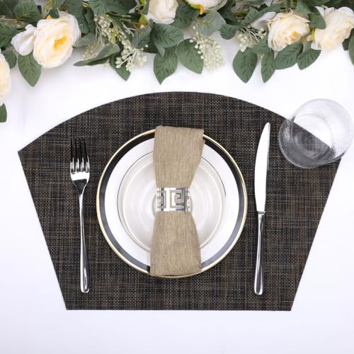 SHACOS Small Wedge Placemats Set of 4 Woven Vinyl Round Table Placemats Wipe Clean Round Table Mats Indoor Outdoor, Black Brown - color: Linen Black Brown
