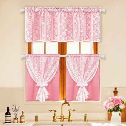 ASPMIZ Pink Kitchen Curtains Double Layer Curtains with Linen Lace, Linen Kitchen Window Curtain 36 inch Length, Farmhouse Tier Curtain with 2 Tiebacks, Rod Pocket Window Treatments for Cafe Bathroom - color: Deep Pink, size: 26"W x 36"L (Pack of 2), styl