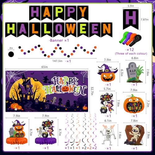 Halloween Decorations Kit, Happy Halloween Banner, Circle Confetti Dots, Hanging Swirl Streamers, Honeycomb Centerpiece and Balloons, Halloween Party Supplies - style: Halloween