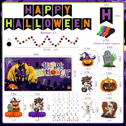 Halloween Decorations Kit, Happy Halloween Banner, Circle Confetti Dots, Hanging Swirl Streamers, Honeycomb Centerpiece and Balloons, Halloween Party Supplies - style: Halloween