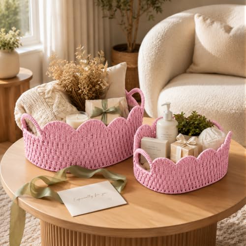 Endymion Set of 2 Paper Rope Scalloped Basket, Wicker Storage Baskets Pink - color: Pink