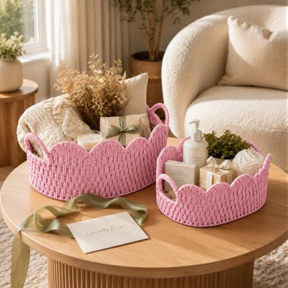 Endymion Set of 2 Paper Rope Scalloped Basket, Wicker Storage Baskets Pink - color: Pink