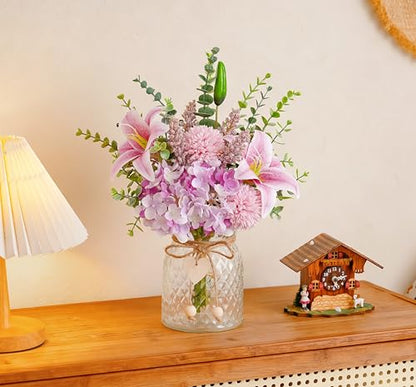 Artificial Silk Flowers with Vase, Fake Pink Lily, Hydrangea and Dandelion - color: Purple & Pink