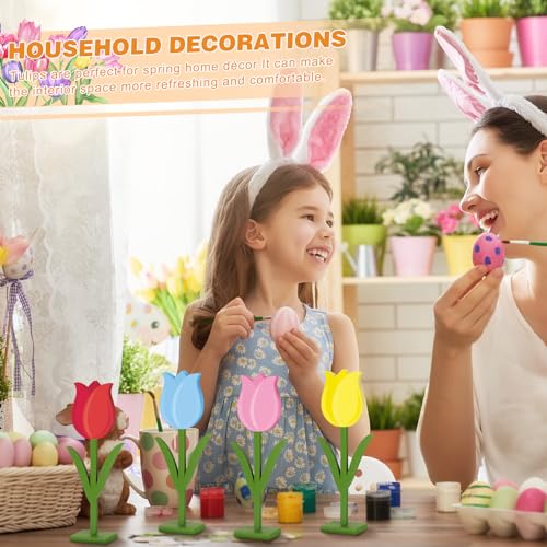 Yuntau 6pcs Spring Tulips Wood Signs Rustic Farmhouse Tulip Flowers Table Decoration Retro Tulip Table Centerpiece Tiered Tray Decor Multicolor Tulips Floral Block Tabletop Signs Home Decor(Stylish) - style: Stylish