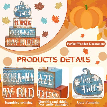4 Pcs Fall Blue Pumpkin Decor for Home Hello Fall Wooden Signs with Blessed - style: Blue Pumpkin