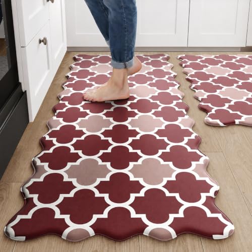 Arenarug Scalloped Trellis Kitchen Mats for Floor, Red Kitchen Rugs - color: Red & Dusty Rose, size: 17.3"x30"+17.3"x59"
