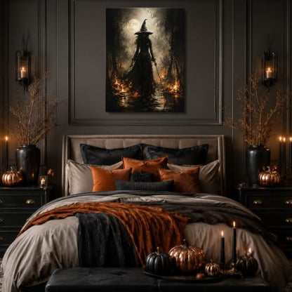 Halloween Canvas Wall Art, Dark Witch in Moonlit Forest Halloween Pictures - color: Halloween17, size: 8"L x 10"W