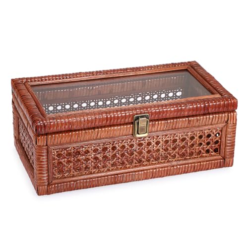 Hipiwe Rattan Display Box with Glass Lid Vintage Wicker Storage Baskets - color: Brown, size: Medium,12.6"x6.7"x4.4"