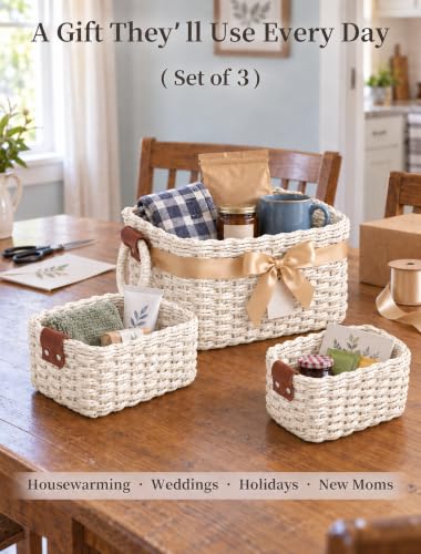 Small Wicker Baskets, 3 PCS Paper Rope Baskets for Shelves, White - color: White