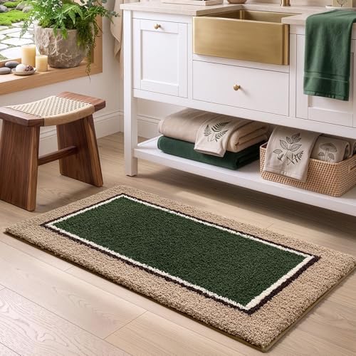 DEXI Bathroom Rugs 24x16, Soft Absorbent Bath Mat, Beige and Green - color: Beige and Green, size: 24" X 16" (Rectangular)