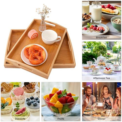 2 PCS Bamboo Serving Tray, 2 Size Nested Breakfast Bed Tray with Handle, Wood Serving Tray for Serving, Breakfast Bed Trays for Eating, Decor, Displaying Cake, Fruit - size: 2 PCS - 2 Sizes