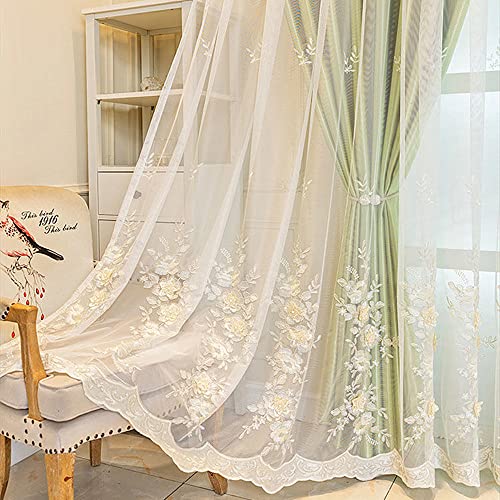 Amidoudou 1 Pair European 3D Flower Luxury Embroidered Curtains Double Layer Curtains with Valance for Living Room Bedroom (Green,52x84 Inch) - color: Green, size: 52"W x 84"L (Pack of 2)