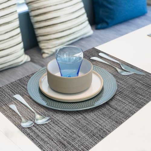 Aofmee Table Runner and Placemats Set of 6 Washable, Heat Resistant Place Mats with Table Runner, Woven Vinyl Table Placemats for Dining Table, Stain Resistant Kitchen Table Mats Sets, Easy to Clean - color: Stripe-black, size: Set of 7