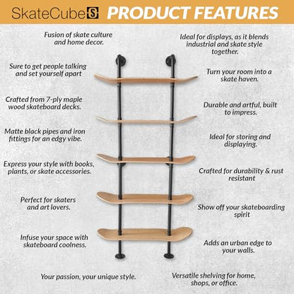 Industrial Pipe Bookcase, 5 Tier Shelf, Natural Wood Stain Finish - size: 5 Tier Shelf