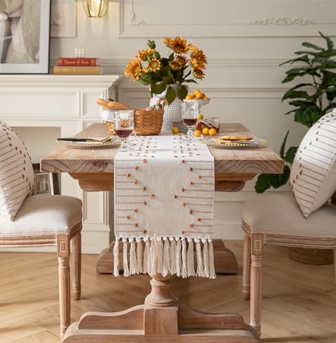 Caflife Brown Beige Cotton Linen Rustic Boho Table Runner 13 x 72 Inch Long - color: Brown Beige, size: 13x72Inch