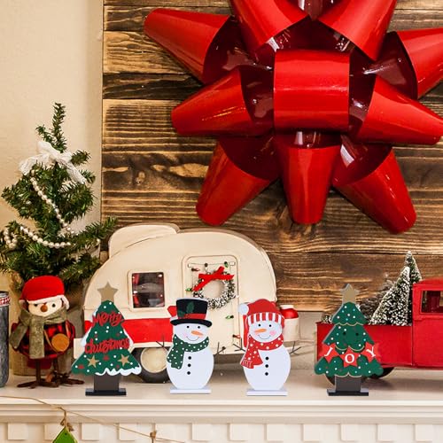DECSPAS Christmas Decorations Indoor, 4 PCS Wood Christmas Trees & Snowmen for Centerpiece Table Decorations, Wooden Tiered Tray for Xmas Decor, Home, Winter, Tabletop, Mantel, Shelf, Gifts - style: Christmas - Christmas Trees, Snowmen