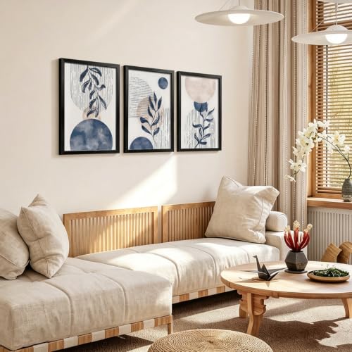 HCJWCXD Boho Navy blue plant Wall Art Canvas Prints, Set of 3, 16x24 in - color: Black Framed Navy Blue, size: 16x24 Inches