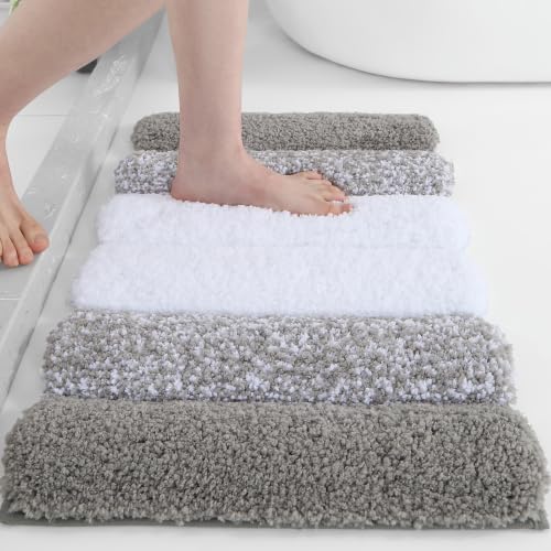 XIYUNTE Shaggy Bathroom Rugs 24x16, Extra Thick 2000GSM Non Slip Bath Mat with Drain Groove Rubber Backing, Washable Quick Dry Absorbent Microfiber Bath Rugs for Bathroom Floor Tub Shower, Gray White - color: Gray White, size: 24” x 16”