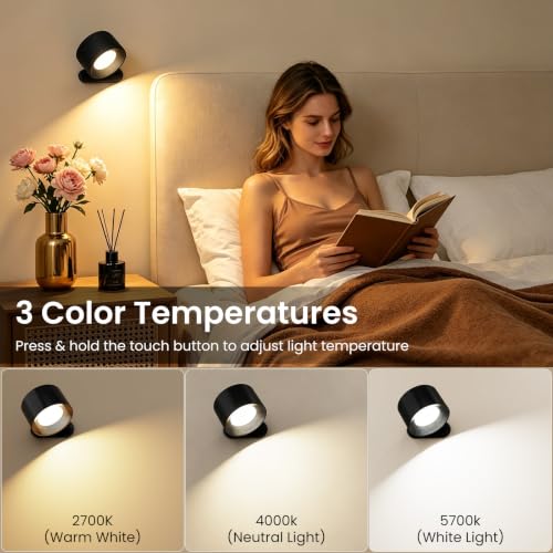 Koopala LED Reading Lights, Wall Mounted Sconces with 3 Color Temperatures & 3 Brightness Levels Rechargeable Battery Magnetic Ball 360°Rotation Touch Control, Lamps for Kids Study Bedside Closet - color: Black-A