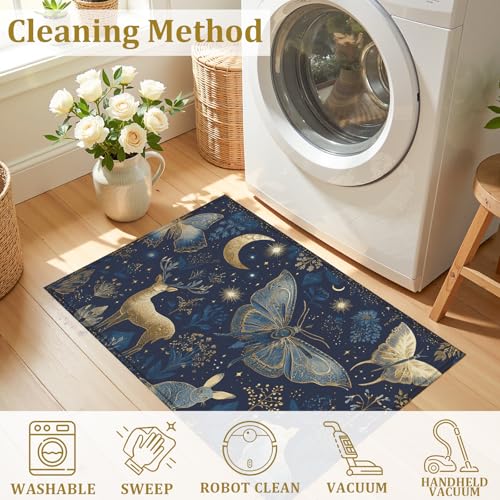 Blue Butterfly Moon Deer Bath Mat Rug, Door Mat Doormat Entrance Non-Slip Bathroom Rugs for Entryway Bathroom Kitchen 17 x 30 Inch - color: Blue Butterfly Moon Deer