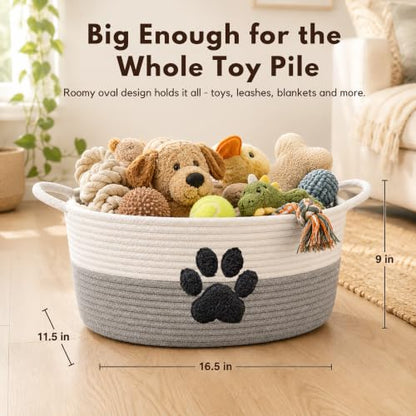 Dog Toy Basket with Handles, Grey Cotton Rope Storage Bin Organizer - color: Grey/White