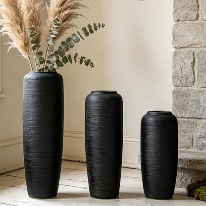 Black Rustic Ceramic Floor Vase, 19.7 Inch, Ribbed Texture - size: 19.7 Inch