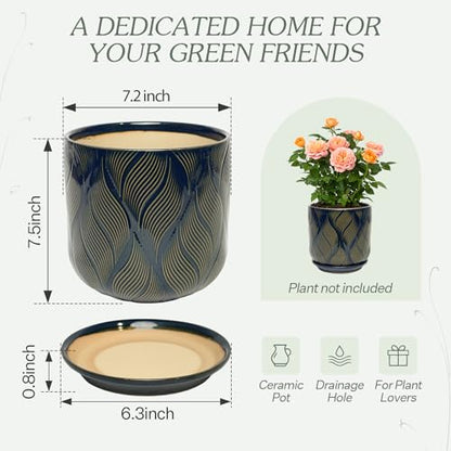 7.2 Inch Modern Ceramic Glaze Plant Pot with Drainage Hole,Mesh Net,Saucer,Indoor Outdoor Planter(Leaf-Blue) - color: Leaf-blue