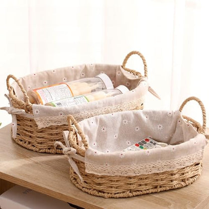 GIB Small Wicker Woven Storage Baskets for Organizing with Handle and Liner - color: Beige-Oval