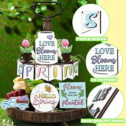 Patelai Spring Tiered Tray Decor Set Wooden Pastel Hello Spring Decor Truck Tulip Flower Table Signs Rustic Farmhouse Tiered Tray Decoration for Home Tabletop Living Room Kitchen Decorations - style: Spring