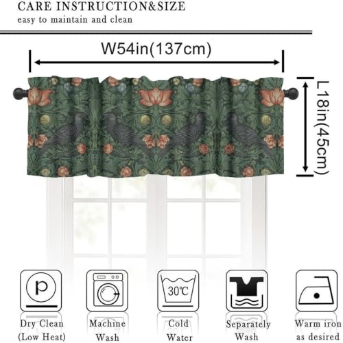 Gothic Raven Valance Curtain, Bohemian William Morris Vintage Wildflower Plants Leaves Black Crow Print Blackout Window Valance for Boys Bedroom Living Room Kitchen, 54x18inch - color: Morris-6