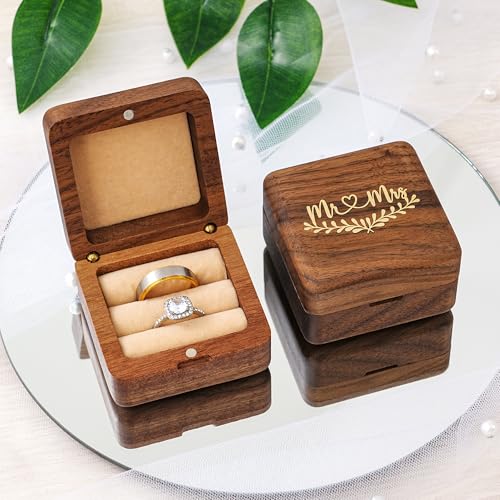 KWOOD Custom Wooden Wedding Ring Box for 2 Rings, Engraved Mr & Mrs Double Ring Holder for Wedding Ceremony Ring Bearer Box Anniversary Birthday Gift Ideas - style: G-Mr & Mrs 02