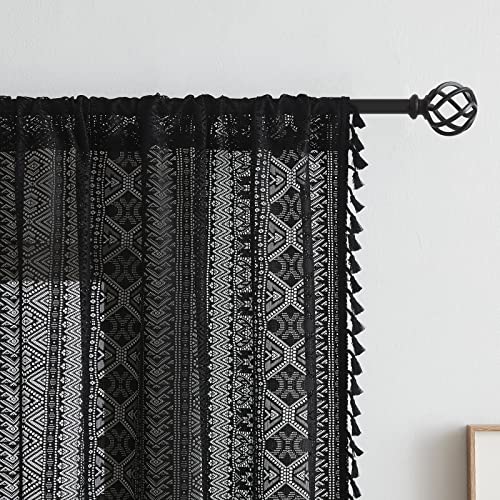 Black Boho Sheer Lace Window Curtains with Tassel, 40" Wx54 Lx2 - color: Black, size: 40"W x 54"L (Pack of 2)