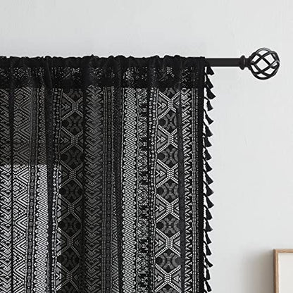 Black Boho Sheer Lace Window Curtains with Tassel, 40" Wx54 Lx2 - color: Black, size: 40"W x 54"L (Pack of 2)