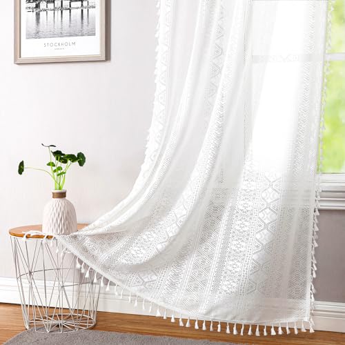 White Boho Sheer Lace Window Curtains with Tassel, 40" Wx72 Lx2 - color: White, size: 40"W x 72"L (Pack of 2)