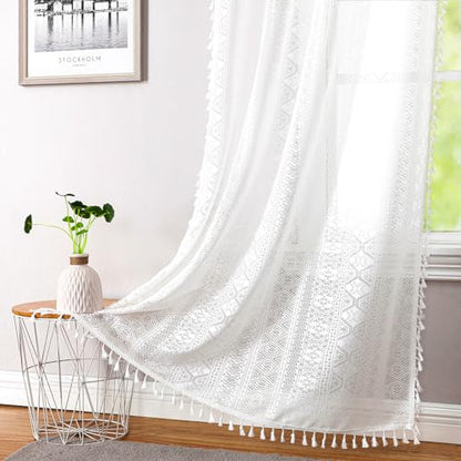 White Boho Sheer Lace Window Curtains with Tassel, 40" Wx72 Lx2 - color: White, size: 40"W x 72"L (Pack of 2)