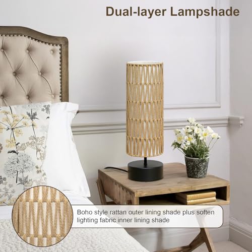 Rattan Table Lamp, Touch Control Bedside Table Lamp with Black Base, 3 Way Dimmable Nightstand Lamp with Dual-layer Shade, Boho Night Light for Bedroom Living Room Home Office, 9W LED Bulb Included - color: Black Base with Rattan Shade