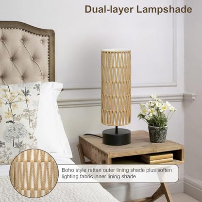 Rattan Table Lamp, Touch Control Bedside Table Lamp with Black Base, 3 Way Dimmable Nightstand Lamp with Dual-layer Shade, Boho Night Light for Bedroom Living Room Home Office, 9W LED Bulb Included - color: Black Base with Rattan Shade