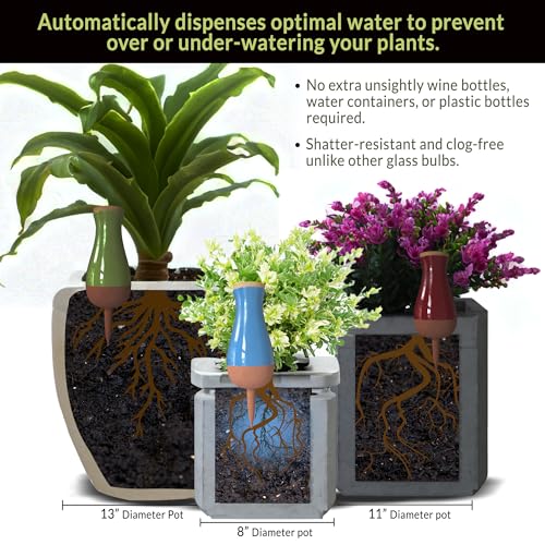 Drip Irrigation Stakes - Extra Large Improved Drip Easy-Refill 4 Week Waterer System with Large Reservoir Bulbs - Automatic Self-Watering Device for Indoor & Outdoor Plants - color: Black, Red, Blue and Yellow