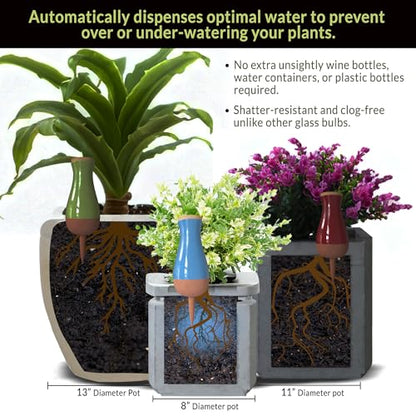 Drip Irrigation Stakes - Extra Large Improved Drip Easy-Refill 4 Week Waterer System with Large Reservoir Bulbs - Automatic Self-Watering Device for Indoor & Outdoor Plants - color: Black, Red, Blue and Yellow